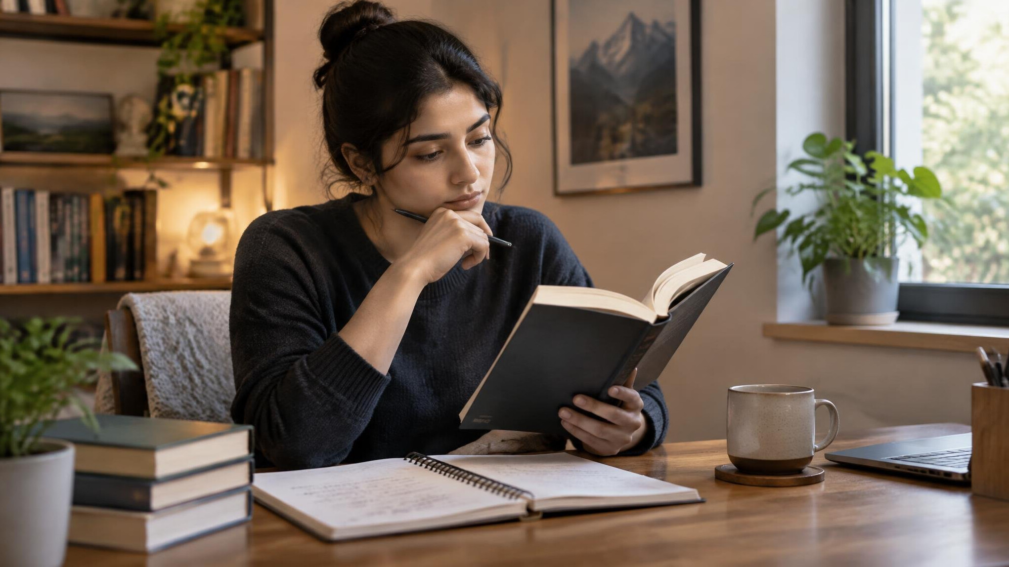 person reading book at home