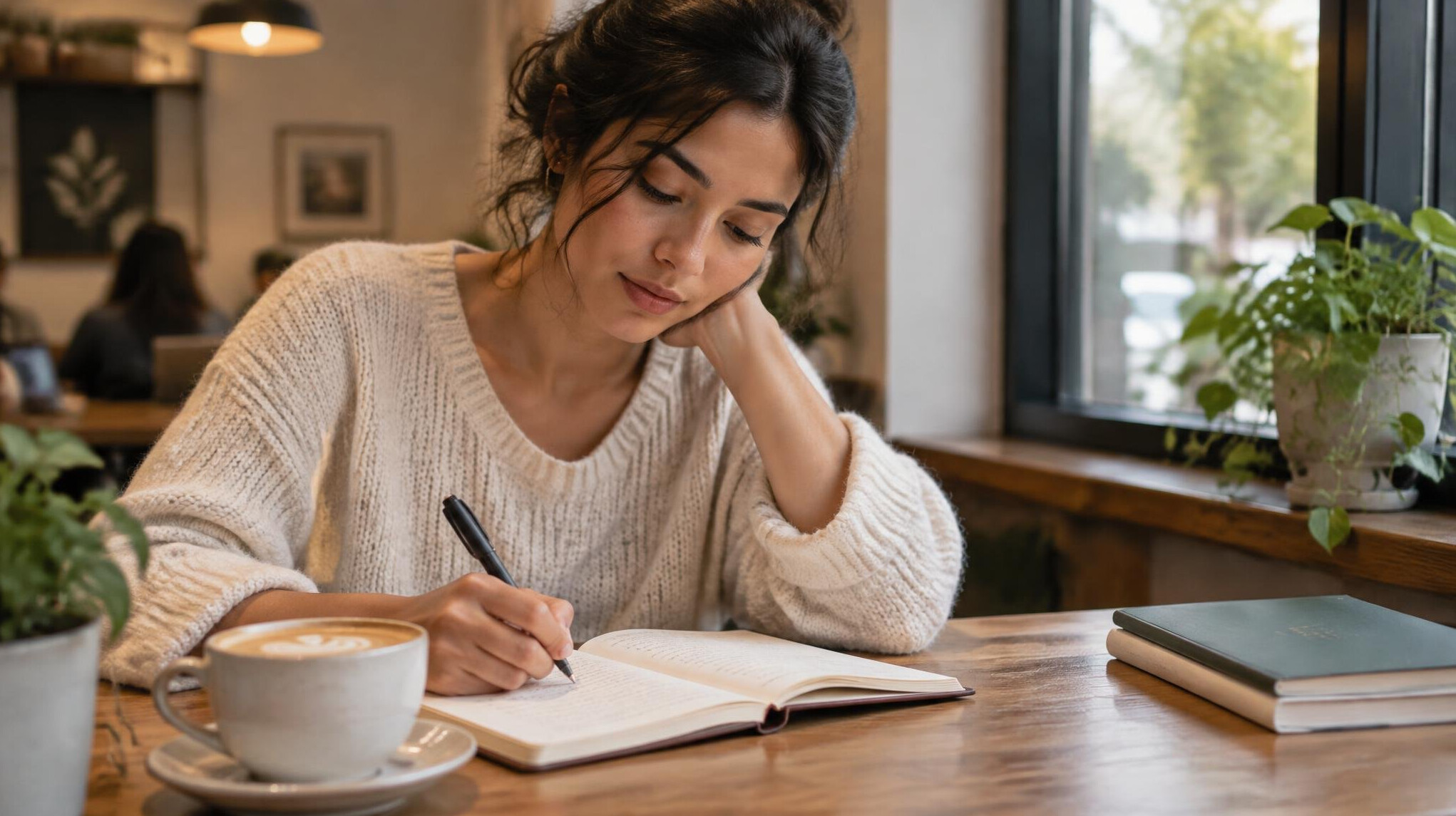 woman journaling in cafe