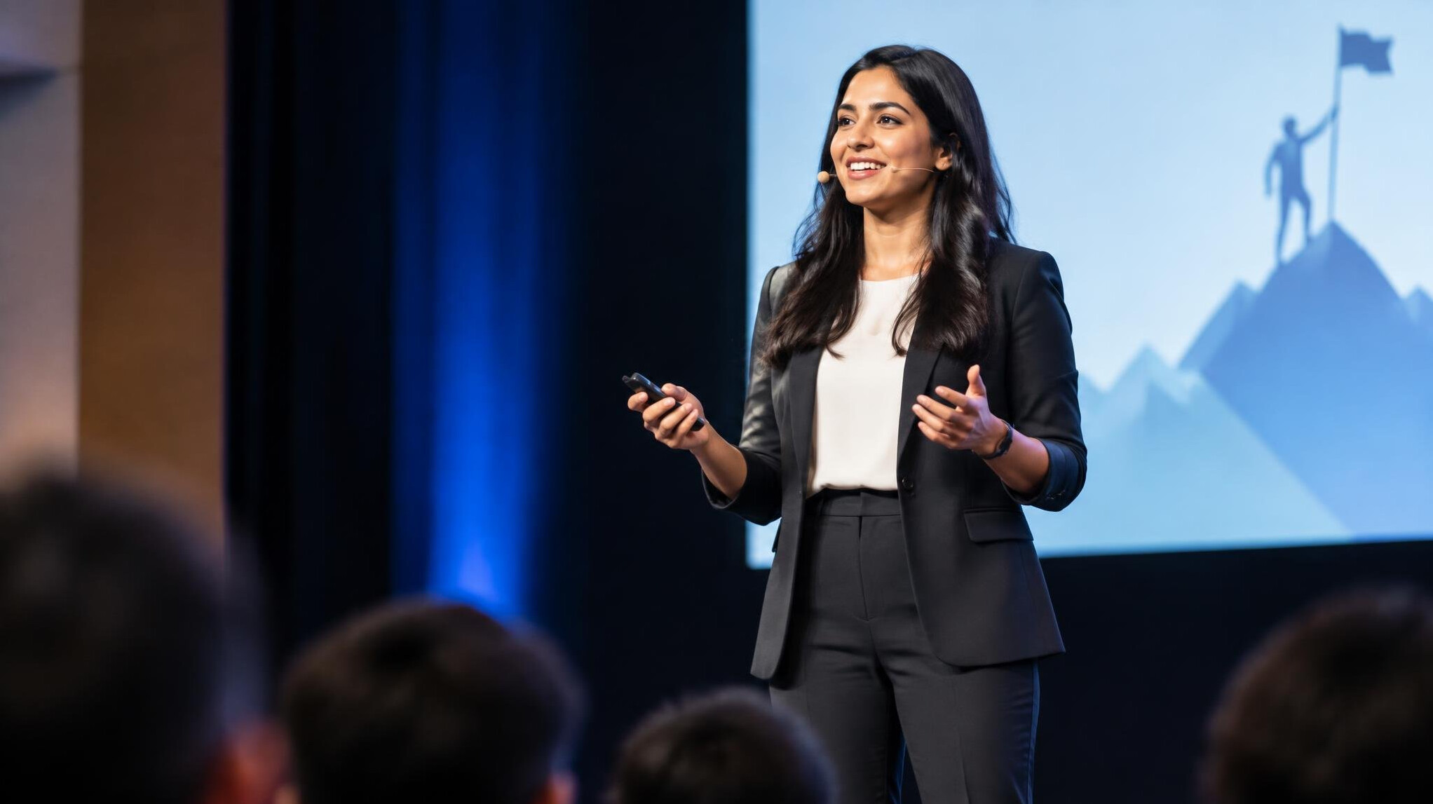 confident speaker on stage