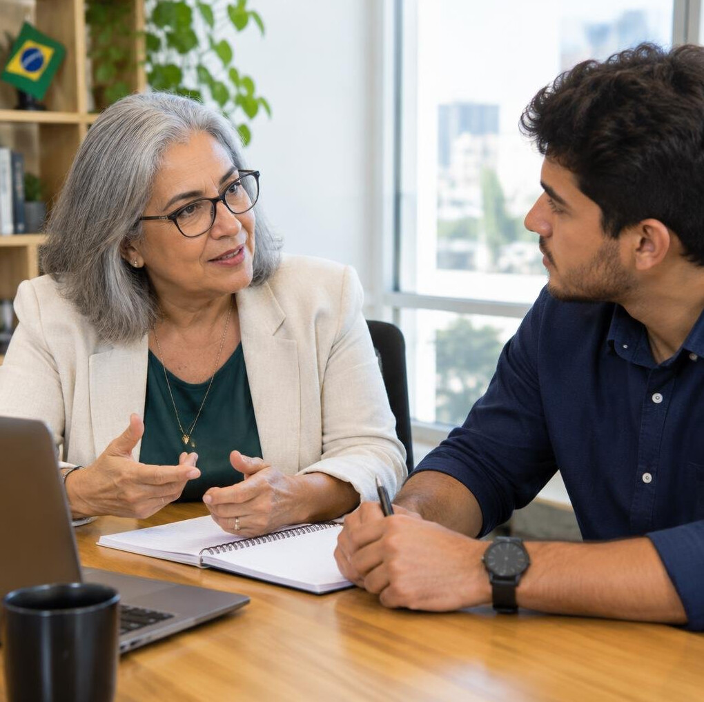 Two Brazilian professionals having a mentoring conversation at a table
