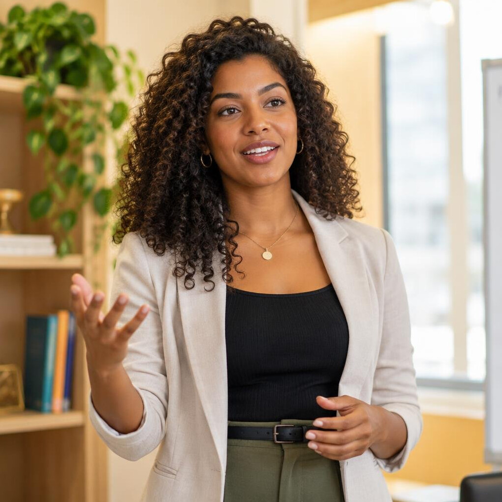Brazilian woman confidently speaking with a hand gesture during a presentation