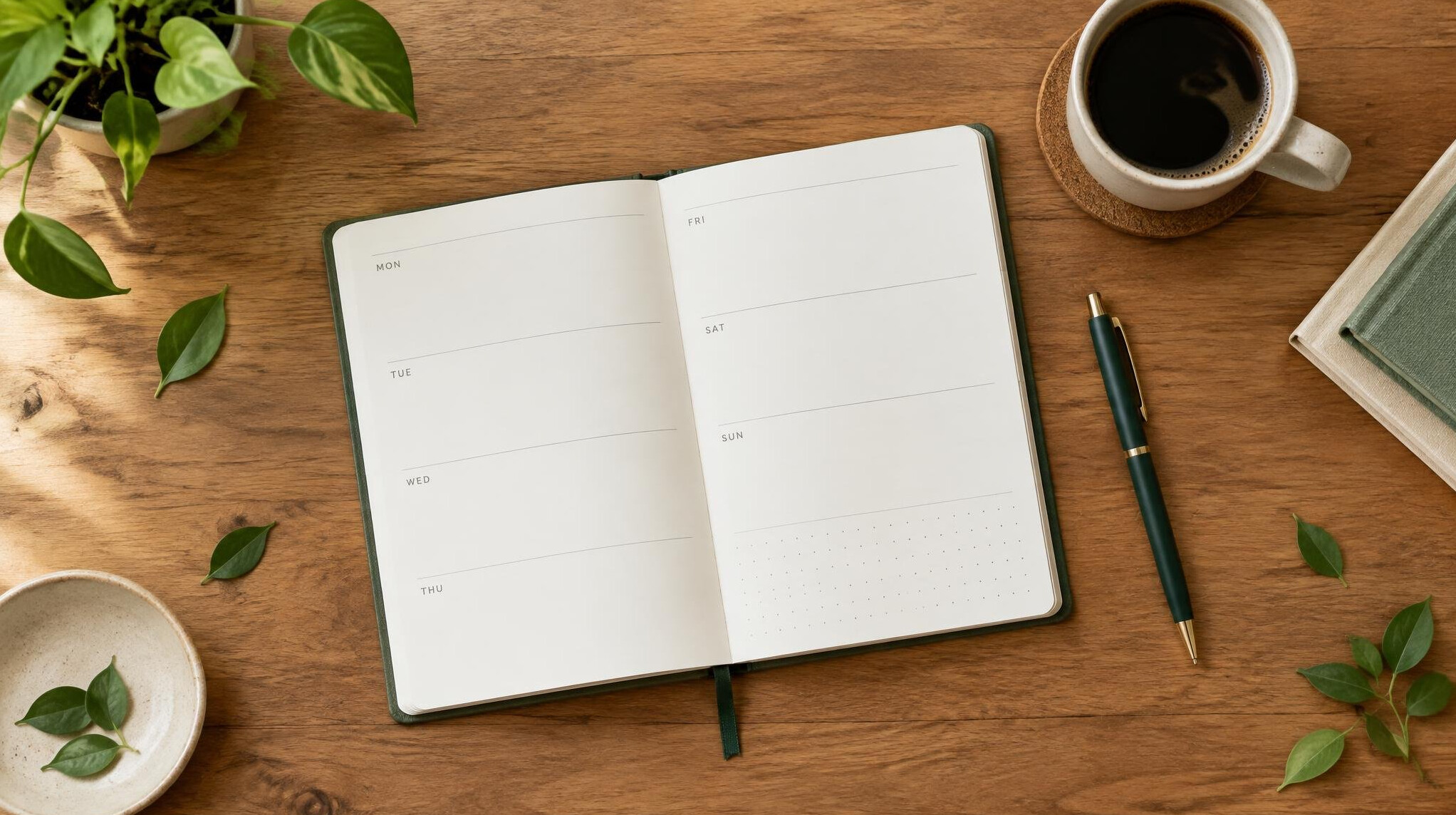 Top view flat lay of a planner, pen and coffee cup on a wooden desk